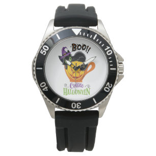 Boo Black Cat, Scary Pumpkin Coffee Halloween Armbandsur
