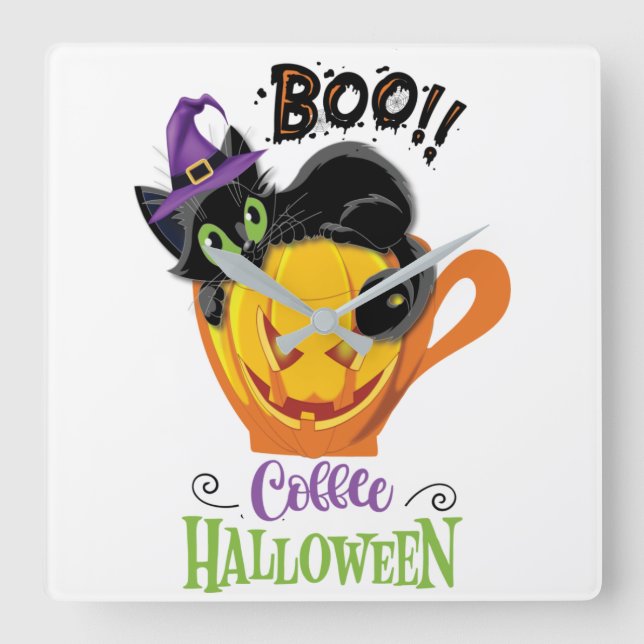 Boo Black Cat, Scary Pumpkin Coffee Halloween Fyrkantig Klocka (Framsida)