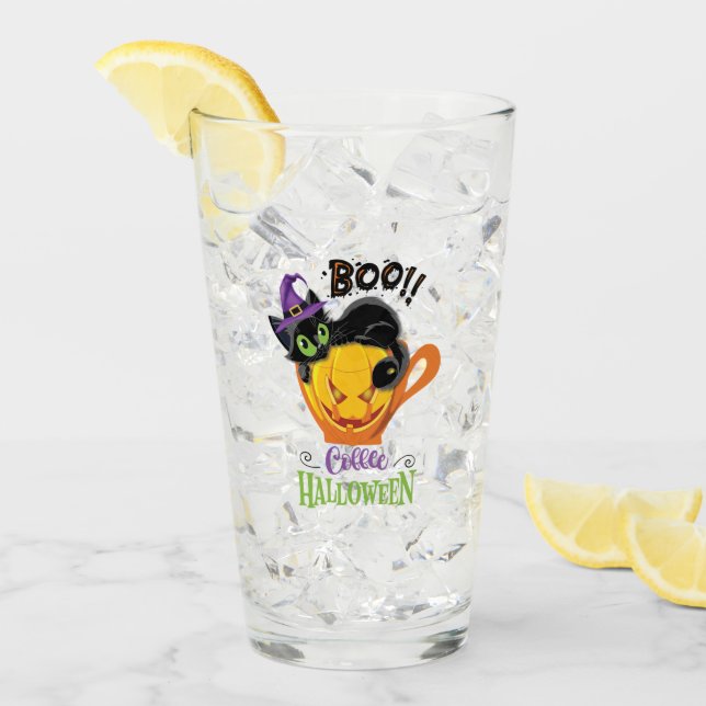 Boo Black Cat, Scary Pumpkin Coffee Halloween Glaskopp (Framsida Ice)