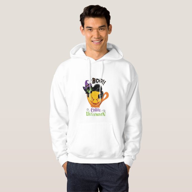 Boo Black Cat, Scary Pumpkin Coffee Halloween Hoodie (Hel framsida)