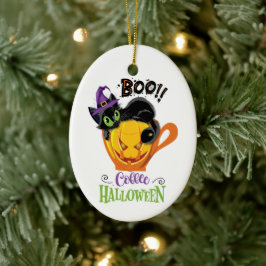 Boo Black Cat, Scary Pumpkin Coffee Halloween Julgransprydnad Keramik
