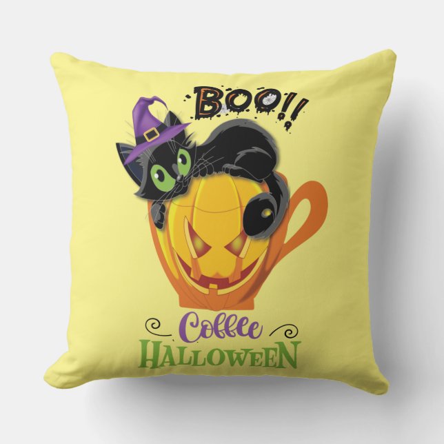 Boo Black Cat, Scary Pumpkin Coffee Halloween Kudde (Framsida)