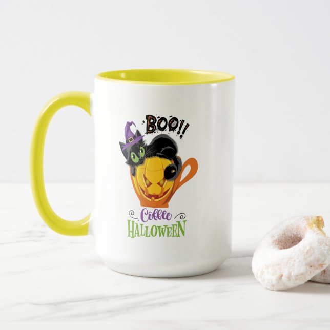 Boo Black Cat, Scary Pumpkin Coffee Halloween Mugg (Med munk)