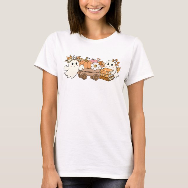 Boo & Bokar Adsible Ghost Reading Fall Design T Shirt (Framsida)