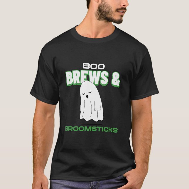 Boo Brews & Broomstick Halloween T Shirt (Framsida)