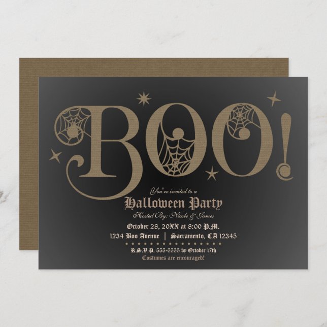 BOO Brown Rustic Elegant Halloween Costume Party Inbjudningar (Fram/baksida)
