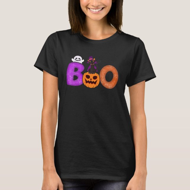 Boo Cat Pumpkin Halloween Ghost Costume Leopard T Shirt (Framsida)