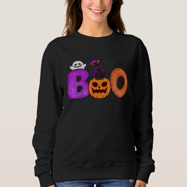 Boo Cat Pumpkin Halloween Ghost Costume Leopard T Shirt (Framsida)