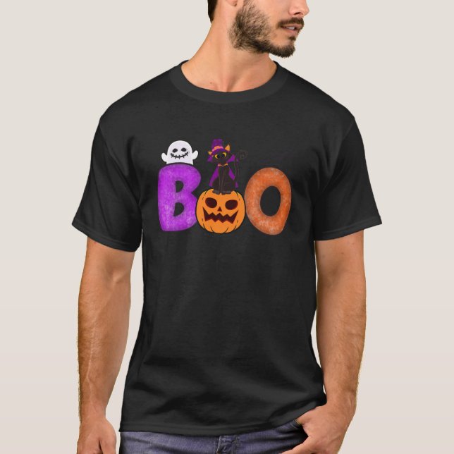 Boo Cat Pumpkin Halloween Ghost Costume Leopard T Shirt (Framsida)
