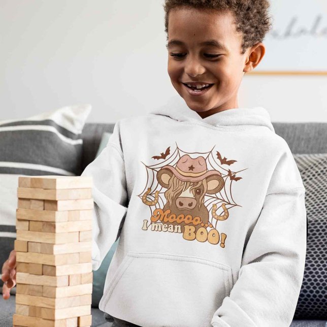 Boo Cowboy Halloween Moo Cute Retro Graphic T Shirt (Funny Cow halloween Hoodie for kids. Boo Spooky Hoodie, Cowboy Hat halloween Retro Style, Vintage)
