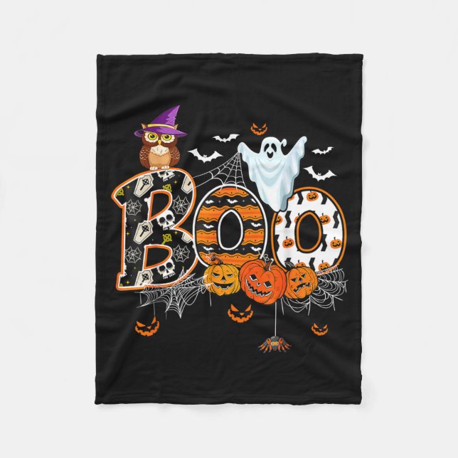 Boo Creepy Owl Pumpkin Ghost Halloween Men Women K Fleecefilt (Framsidan)