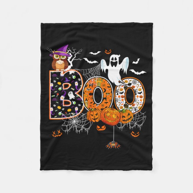 Boo Creepy Owl Pumpkin Ghost Halloween Men Women K Fleecefilt (Framsidan)