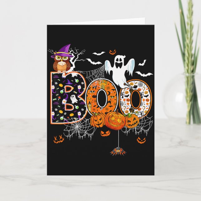 Boo Creepy Owl Pumpkin Ghost Halloween Men Women K Kort (Framsida)