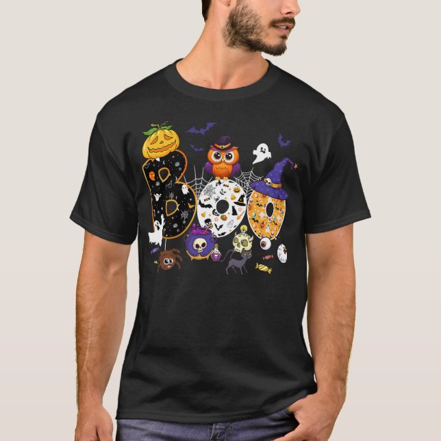 Boo Creepy Owl Pumpkin Ghost Halloween Men Women K T Shirt (Framsida)