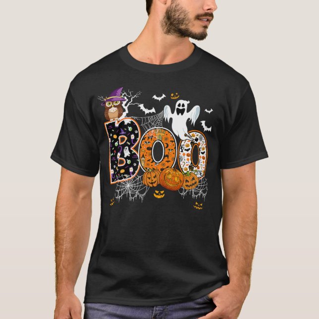 Boo Creepy Owl Witch Pumpkin Ghost Halloween Men W T Shirt (Framsida)