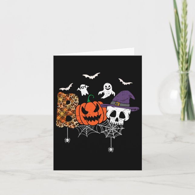 Boo Creepy Skull Pumpkin Ghost med Hat Halloween Kort (Framsida)