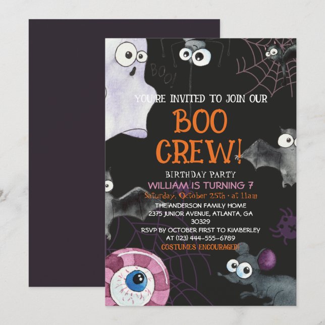 Boo Crew Roligt Kids Halloween Födelsedagsfest Inbjudningar (Fram/baksida)