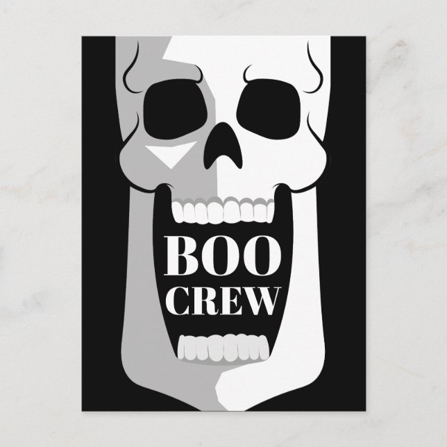 Boo Crew Skull Halloween Black and White Spooky Vykort (Framsida)