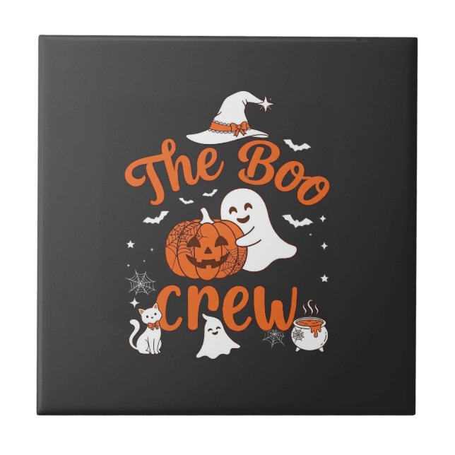 Boo Crew Spökpumpa Vit Katt Häxa Hatt Kakelplatta (Framsidan)