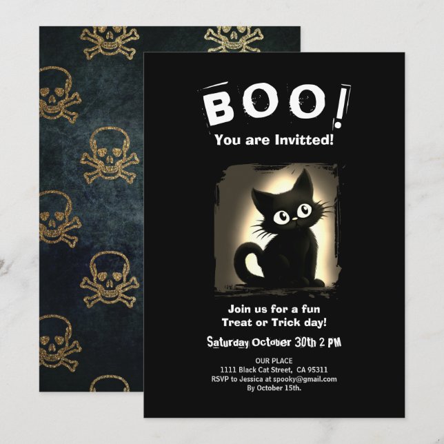 Boo Cute Black Cat Halloween fest-inbjudan Inbjudningar (Fram/baksida)