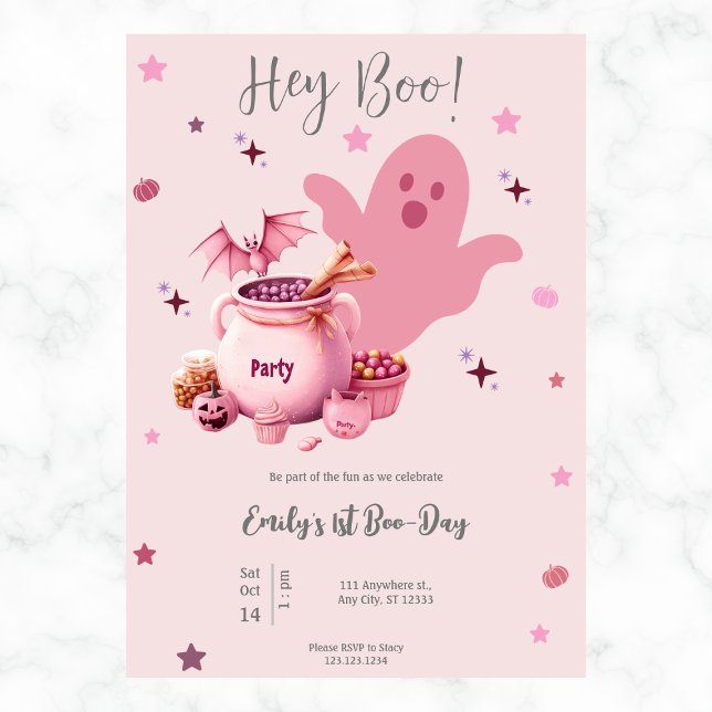 Boo Cute Ghost Halloween 1:a födelsedagens Rosa Inbjudningar (Skapare uppladdad)