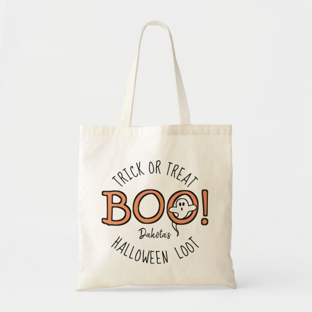 BOO! Cute Ghost Kids Namn Halloween Bus eller godi Tygkasse (Framsidan)