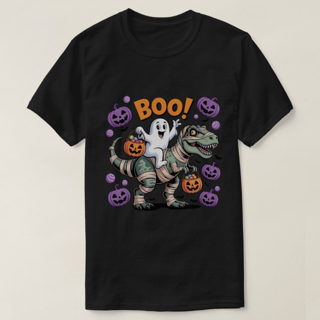 Boo! Cute Ghost Riding Mummy T-Rex med pumpor T Shirt (Design framsida)
