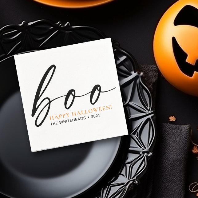 Boo Cute Happy halloween White Pappersservett (Boo! Minimalistic typography Halloween design in the colors black, orange and white napkin)