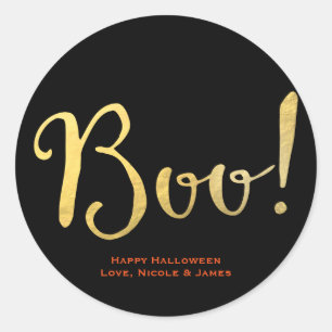 BOO! Falskt guld folie-utseende Halloween-partygåv Runt Klistermärke