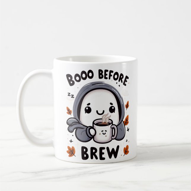 Boo före bryggande spökkaffe Rolig Halloween Kaffemugg (Vänster)