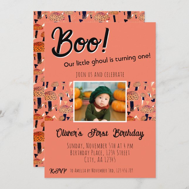 Boo Första födelsedag Mushroom Halloween Fall Inbjudningar (Fram/baksida)