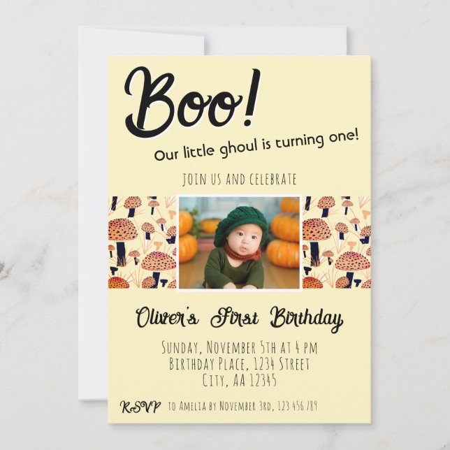 Boo Första Födelsedag Svamp Halloween Höst Inbjudningar (Framsida)