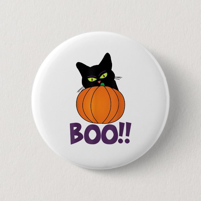 Boo Funny Jolly Cat Peeking Pumpkin Halloween part Knapp (Framsida)