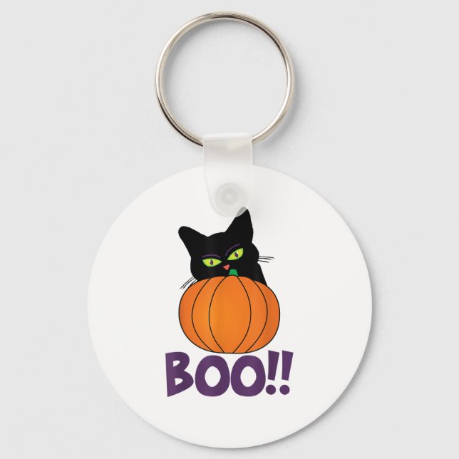 Boo Funny Jolly Cat Peeking Pumpkin Halloween part Nyckelring (Framsida)