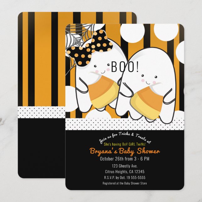Boo Ghost Boy Girl Twillingars Halloween Baby Show Inbjudningar (Fram/baksida)