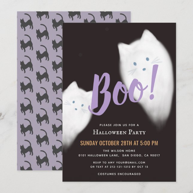 Boo! Ghost Cat Cute Lila Halloween fest Inbjudningar (Fram/baksida)