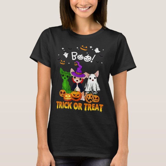 Boo Ghost Chihuahua Bus eller godis Halloween T Shirt (Framsida)