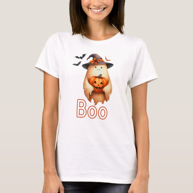 Boo Ghost med Fladdermus och Pumpkin T Shirt (Framsida)