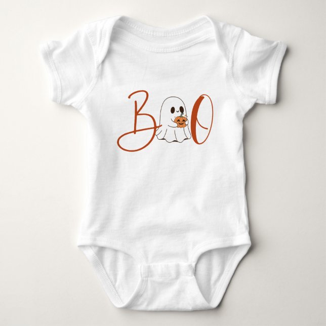 Boo Ghost med Pumpkin Halloween Baby-kontur T Shirt (Framsida)