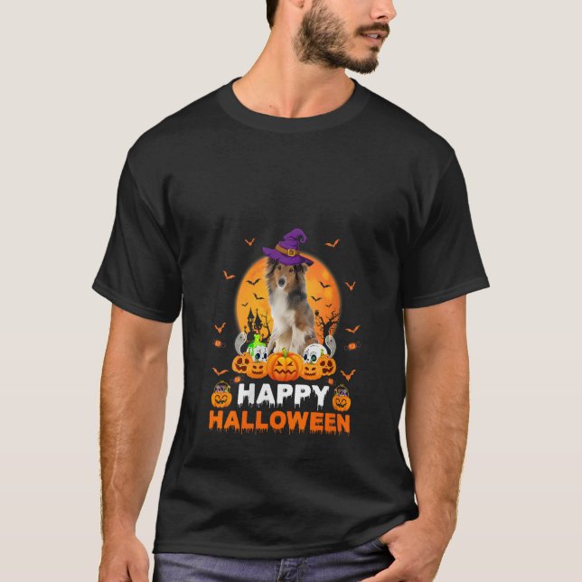 Boo Ghost Scary Pumpkin Witch Shetland Sheepdog Ha T Shirt (Framsida)