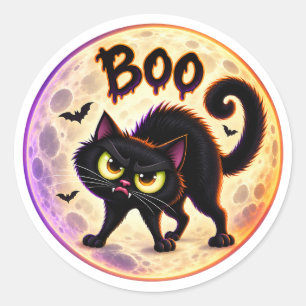 Boo! Grinig svart katt och fullmåne Halloween Runt Klistermärke