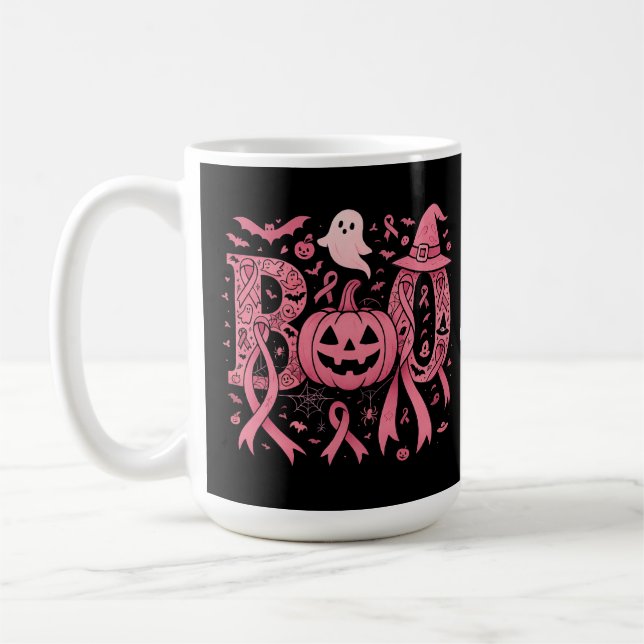Boo Halloween Breast Cancer Awareness Rosa Ribbon Kaffemugg (Vänster)