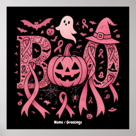 Boo Halloween Breast Cancer Awareness Rosa Ribbon Poster