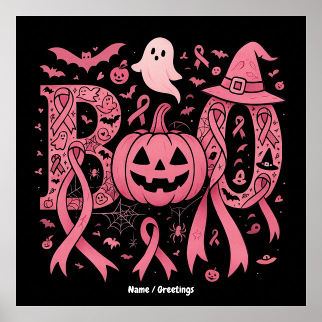 Boo Halloween Breast Cancer Awareness Rosa Ribbon Poster (Framsidan)