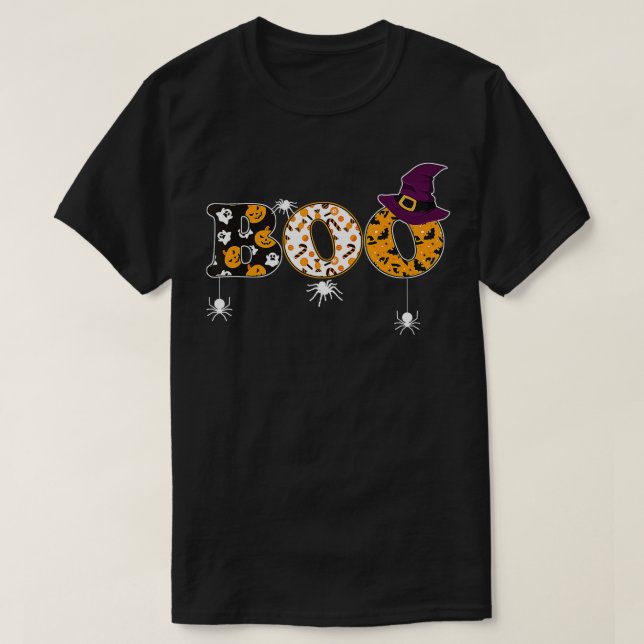 Boo Halloween Costume med Spiders och Witch Hat T Shirt (Design framsida)