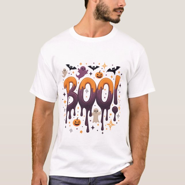 BOO Halloween Dripping Brev med Spöken, Fladdermus T Shirt (Framsida)