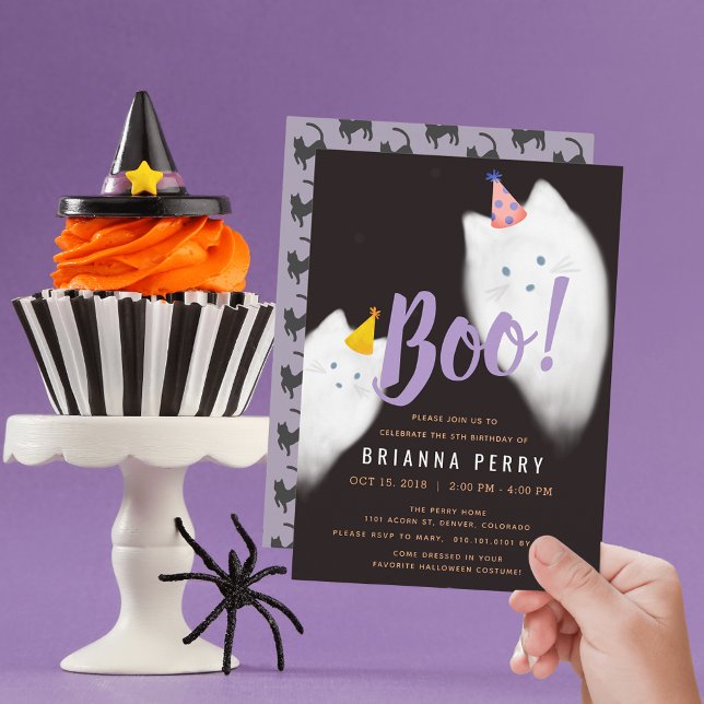 Boo! Halloween Ghost Cat Cute Lila Birthday Inbjudningar (Skapare uppladdad)