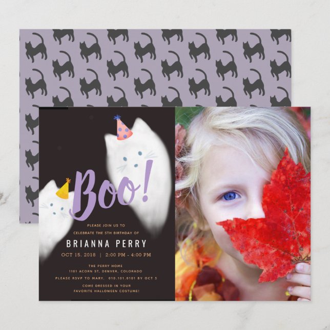 Boo! Halloween Ghost Cat Lila Photo Birthday Inbjudningar (Fram/baksida)