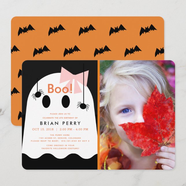 Boo! Halloween Ghost Girl Cute Photo Birthday Inbjudningar (Fram/baksida)