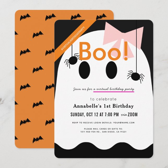 Boo! Halloween Ghost Girl Ribbon Virtuell Birthday Inbjudningar (Fram/baksida)